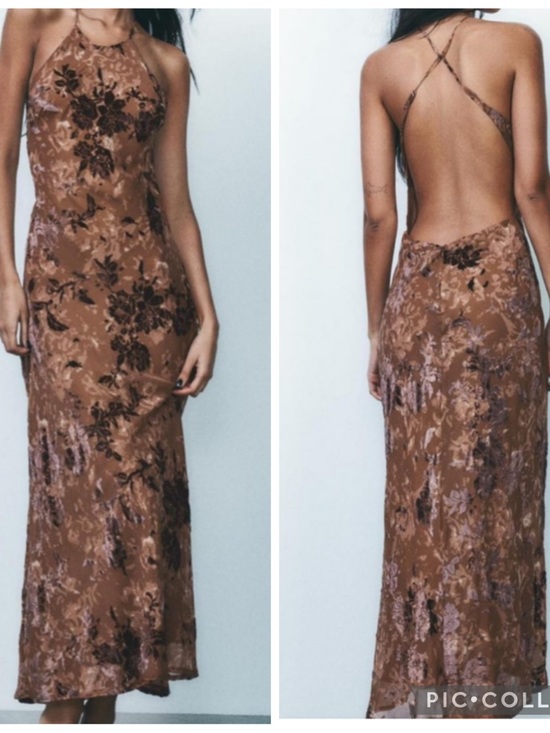 Zara Dresses & Skirts - Zara Halter Open Back Velvet Brown Maxi Dress NWT Size Large